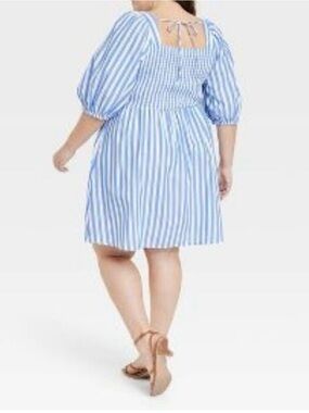 Ava & Viv Blue and White Striped Dress with Puff Sleeves